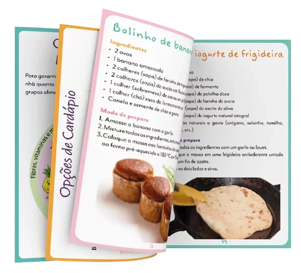 Guia de Café da Manhã e Lanches para Bebês com receitas práticas e nutritivas abertas em páginas ilustradas